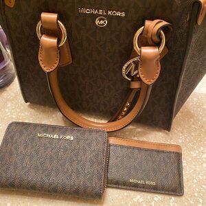 Michael Kors Dark Brown Handbag Set with Gold Accents